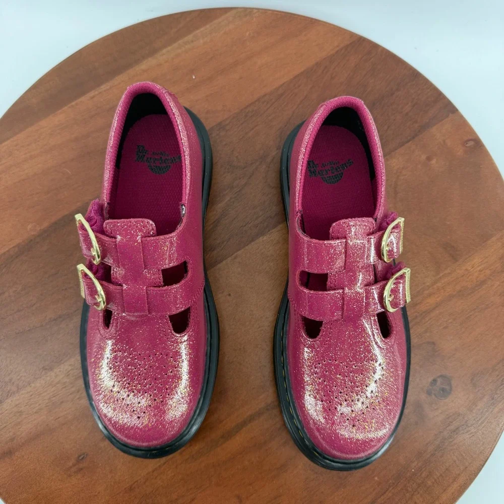 Dr. Martens 8065 J Mary Jane Pink Glitter Double Buckle School Shoes Size Kids 3